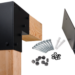 Zwarte metalen pergola verbindingen met montagemateriaal – stevige koppelstukken voor houten pergola constructies